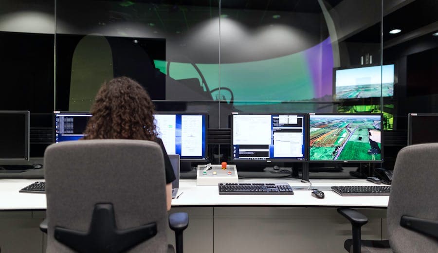 Operations control room with multiple digital displays